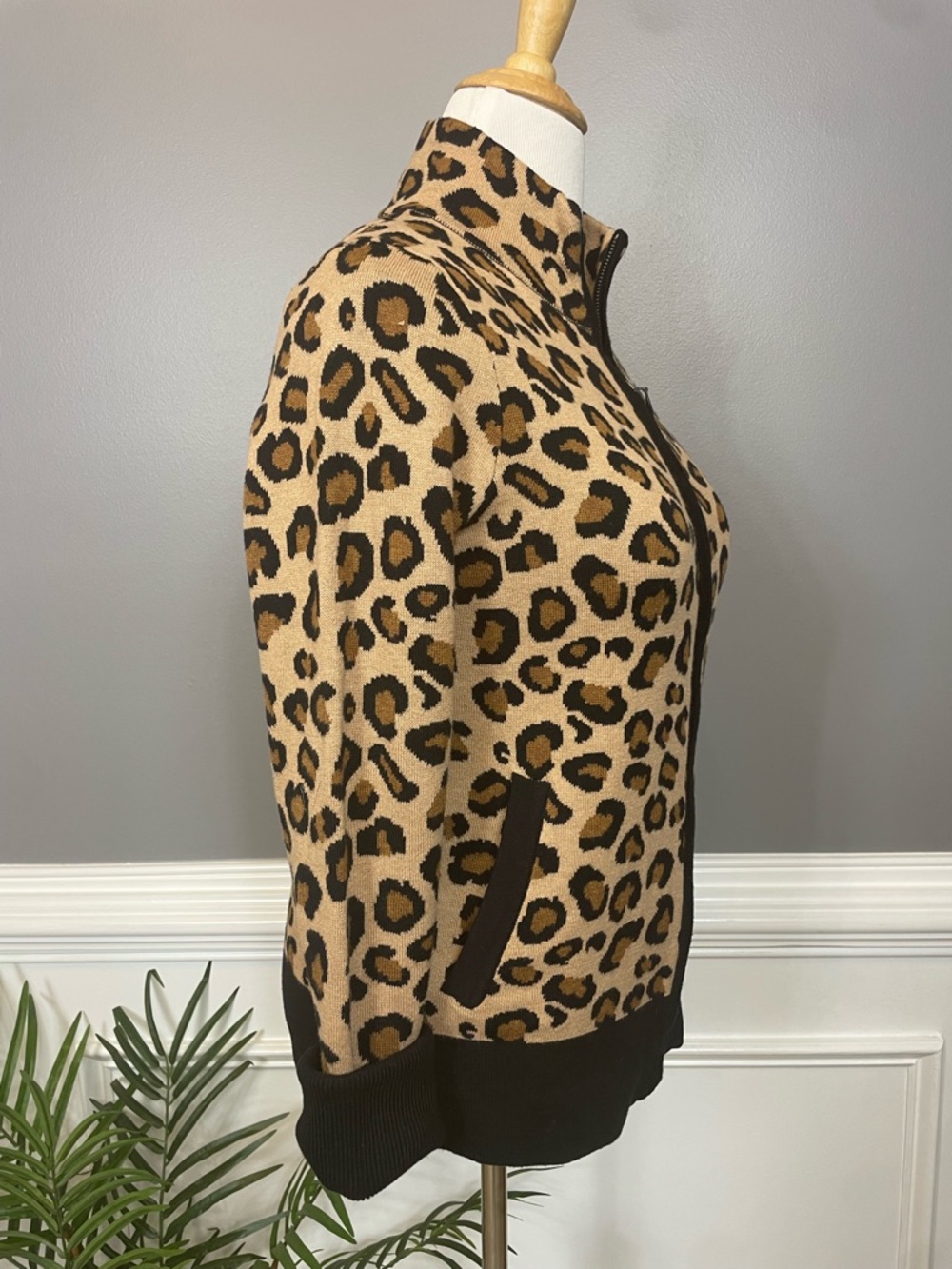 Rachel Zoe Leopard Zip-Up Cowl Sweater - Tan & Black - Picture 4 of 5